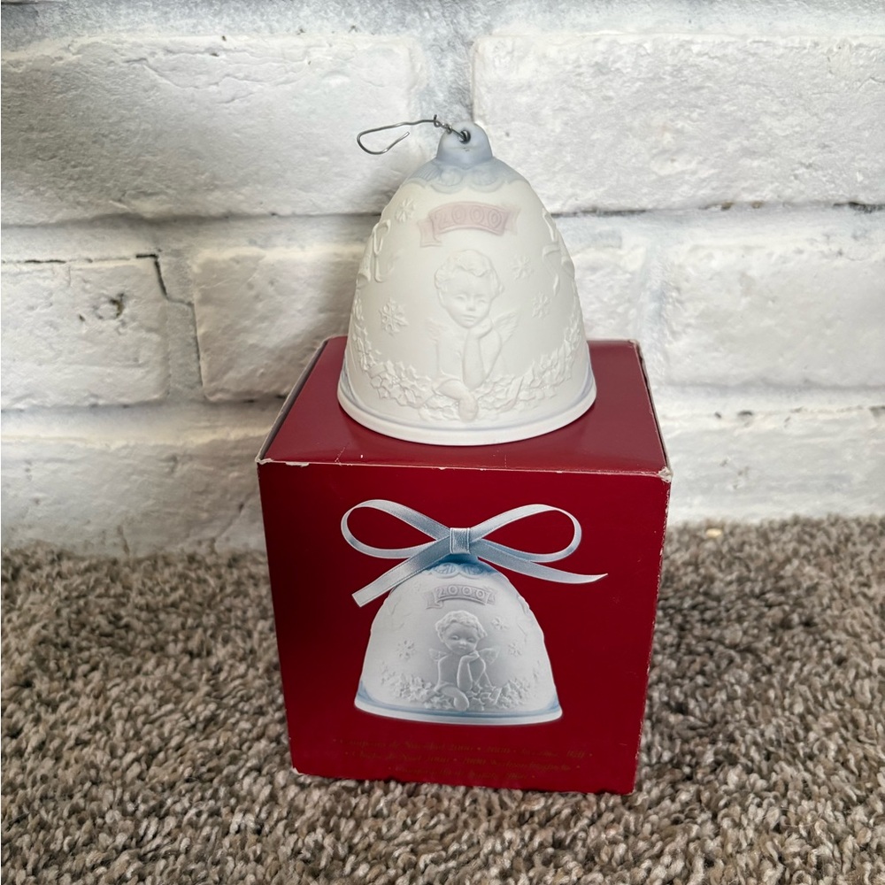 Lladro White Porcelain 2000 Bell Ornament with Light Blue Accents